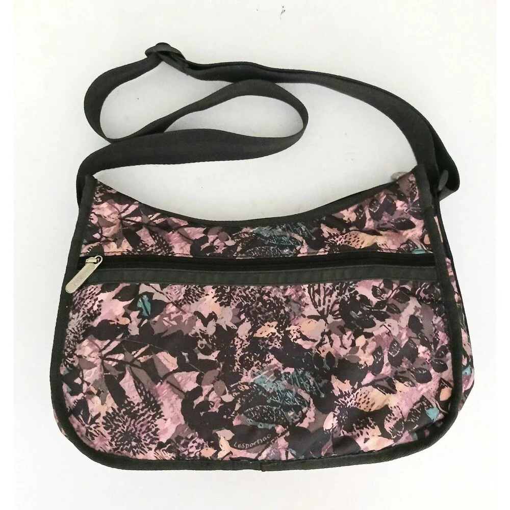 NEW Le Sportsac Deluxe Crossbody Bag w Zippered Pouch Gray/Pink Printed Nylon